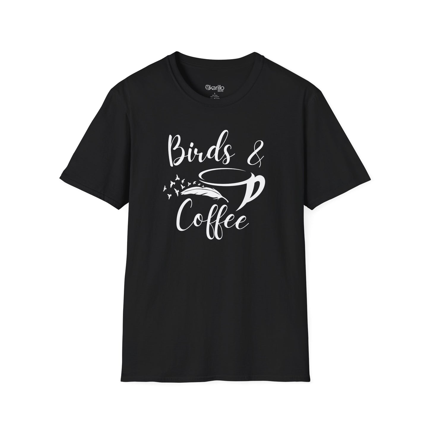 Black t-shirt with 'Birds & Coffee' text and graphic on a white background