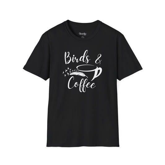 Black t-shirt with 'Birds & Coffee' text and graphic on a white background