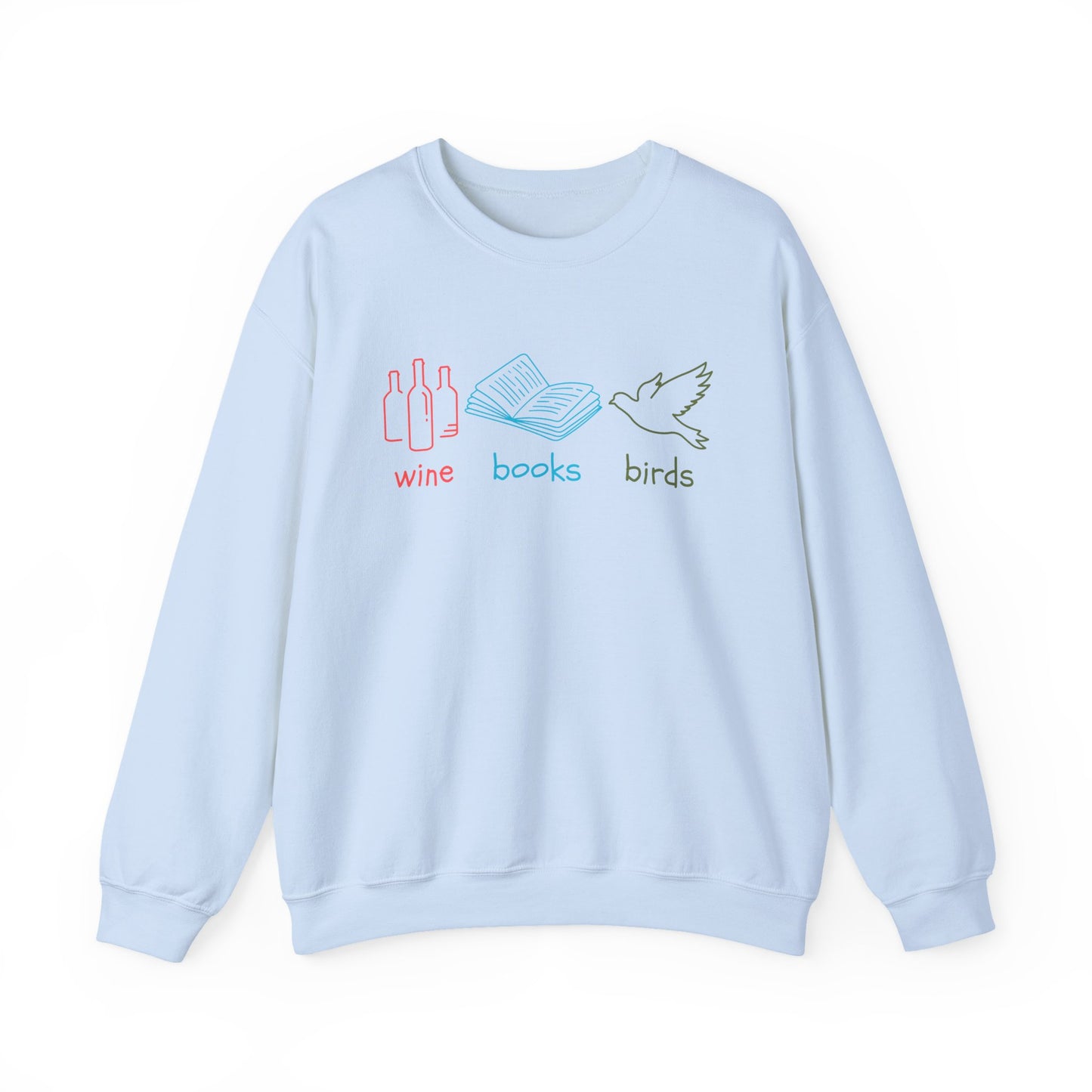 Light blue sweatshirt with 'wine', 'books', and 'birds' graphics on a white background